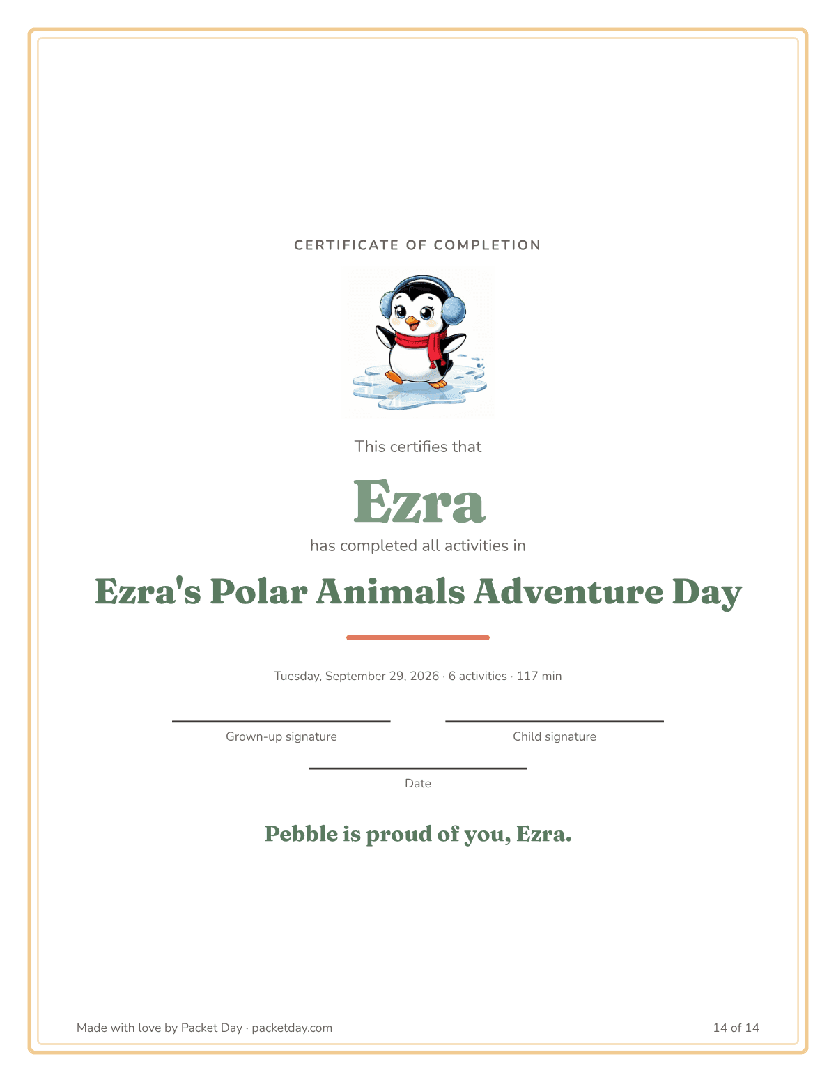 Certificate of completion for Ezra's Polar Animals Adventure Day with Pebble at the top and signature lines for a grown up and the child.