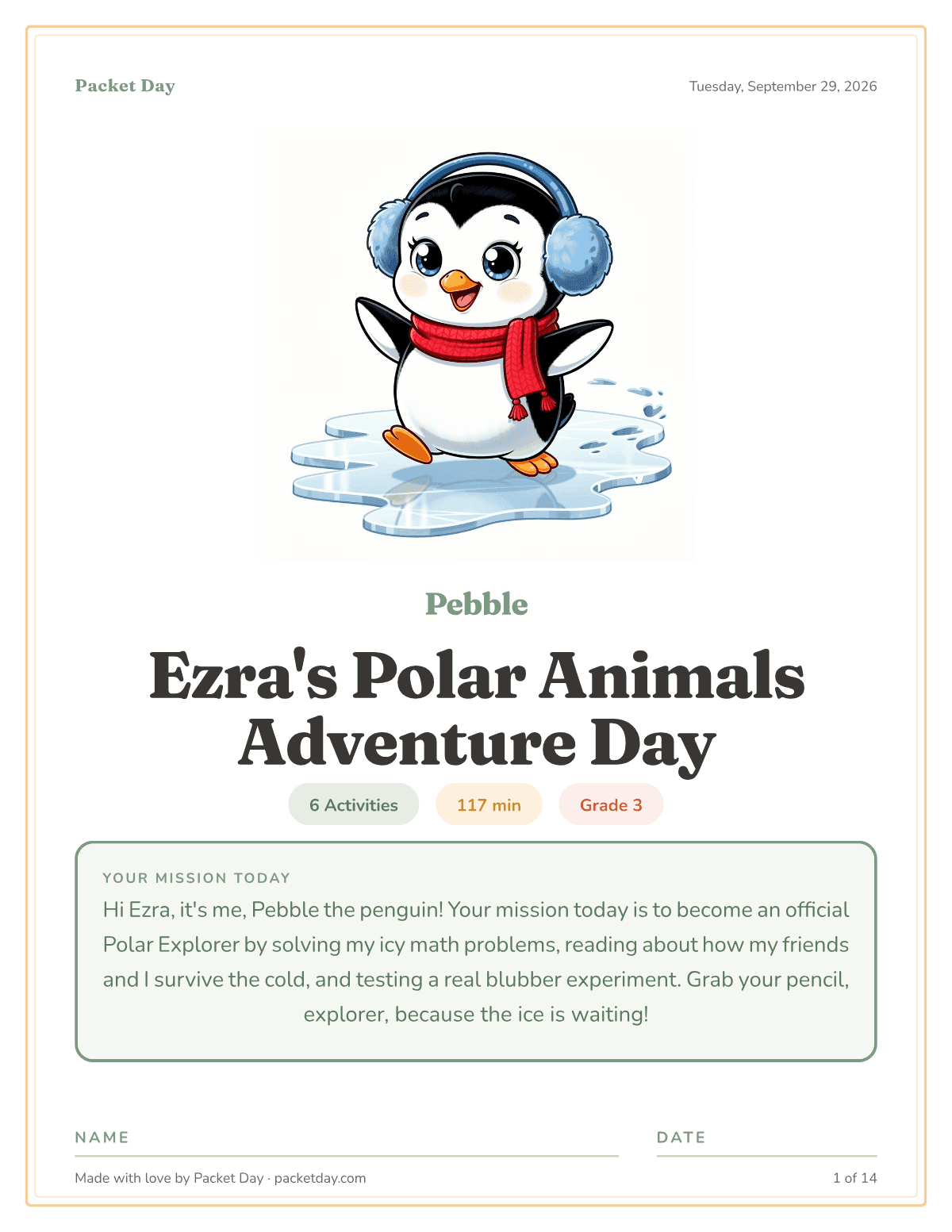 Cover of Ezra's Polar Animals Adventure Day: Pebble the penguin in earmuffs and a red scarf sliding on ice, chips for 6 activities, 117 minutes and grade 3, and Pebble's mission note.
