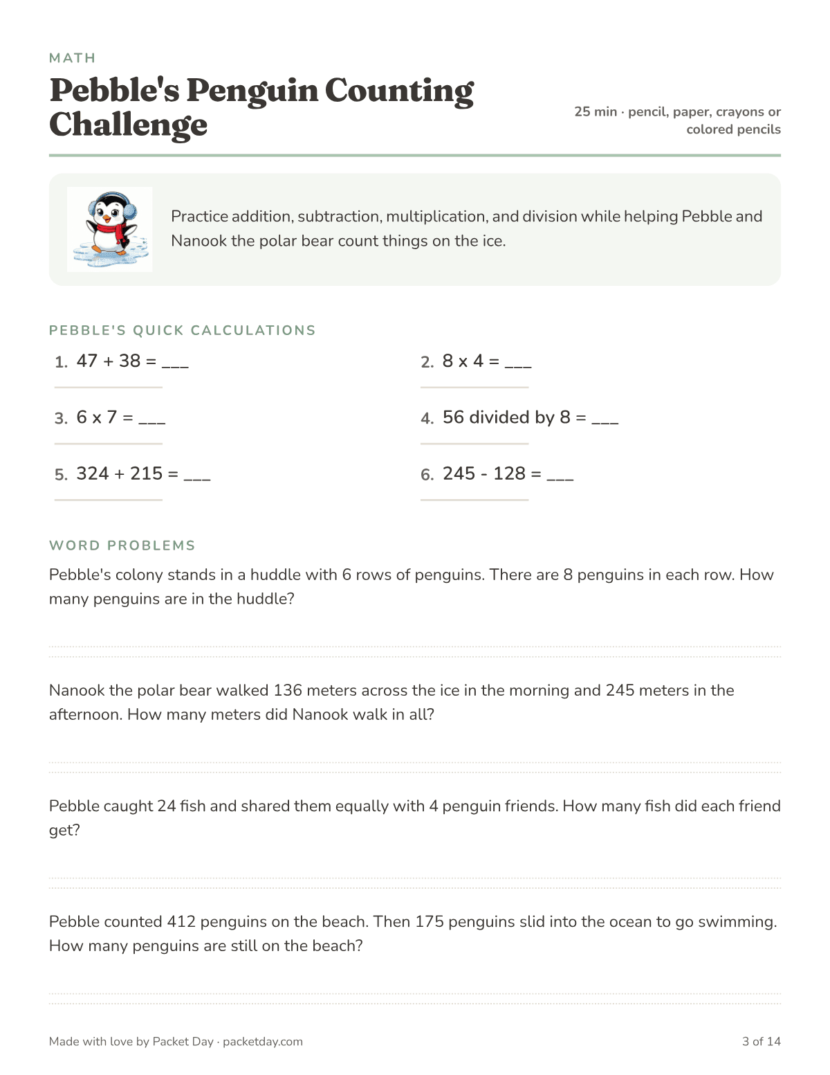 Math page, Pebble's Penguin Counting Challenge: six quick calculations such as 6 x 7 and 245 minus 128, and word problems about a penguin huddle, Nanook's walk and sharing fish.