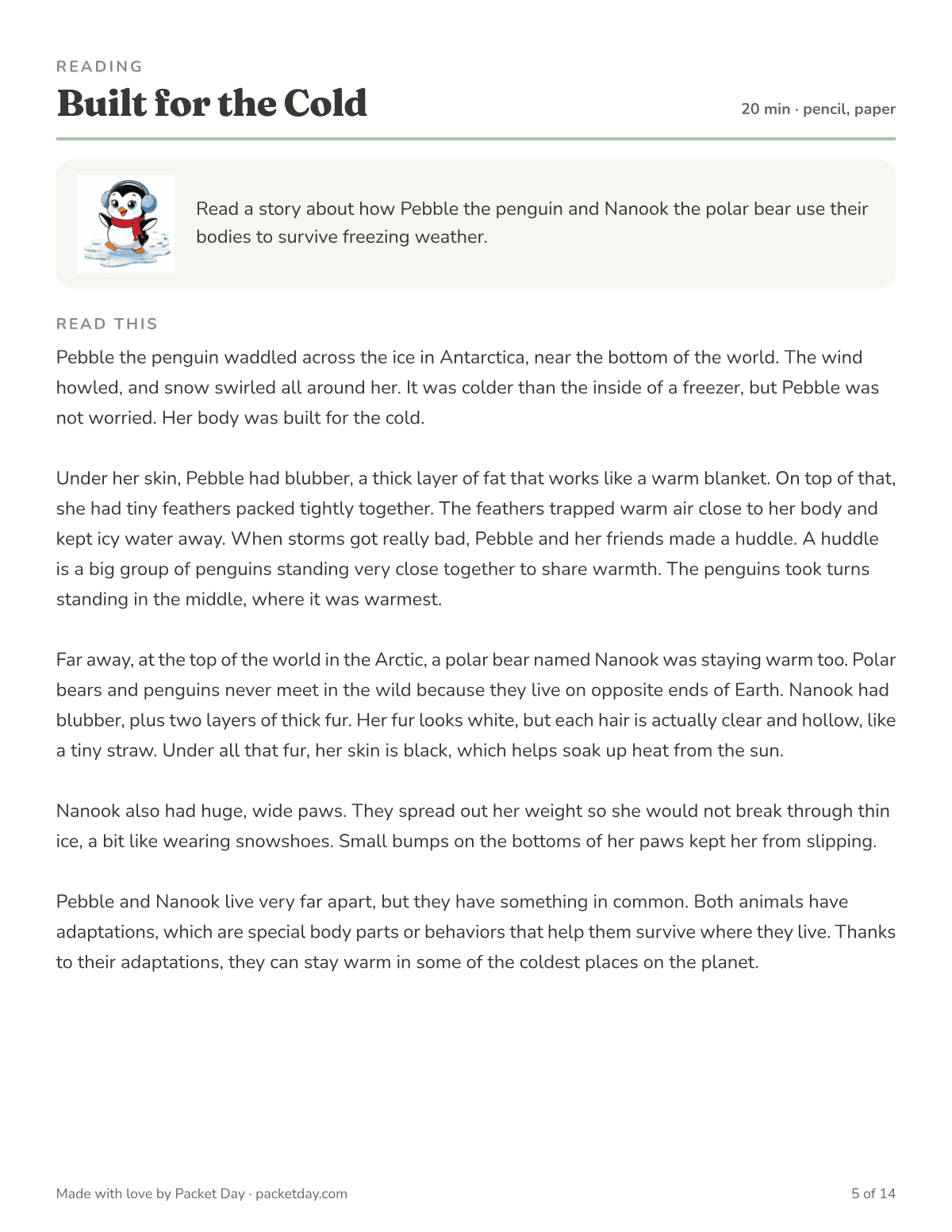Reading page, Built for the Cold: a story about Pebble in Antarctica and Nanook in the Arctic, covering blubber, huddles, clear polar bear hair, black skin and wide paws.