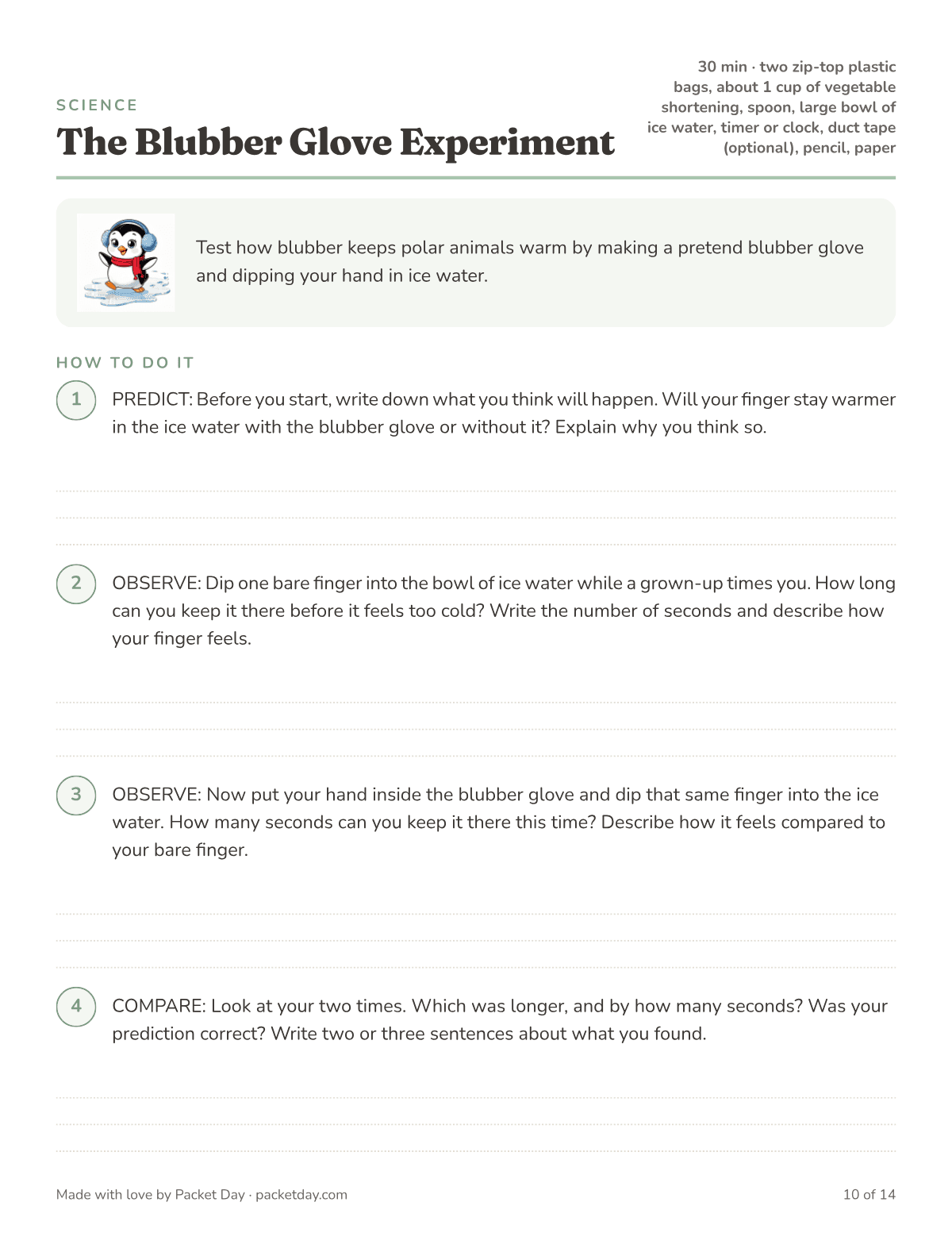Science page, The Blubber Glove Experiment: predict, then time a bare finger and a finger in a shortening filled glove in ice water, and compare the two times.