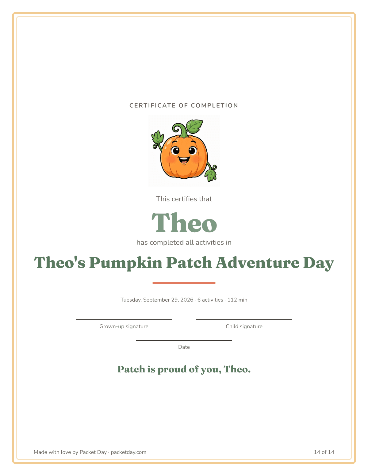 Certificate of completion for Theo's Pumpkin Patch Adventure Day with Patch at the top and signature lines for a grown up and the child.