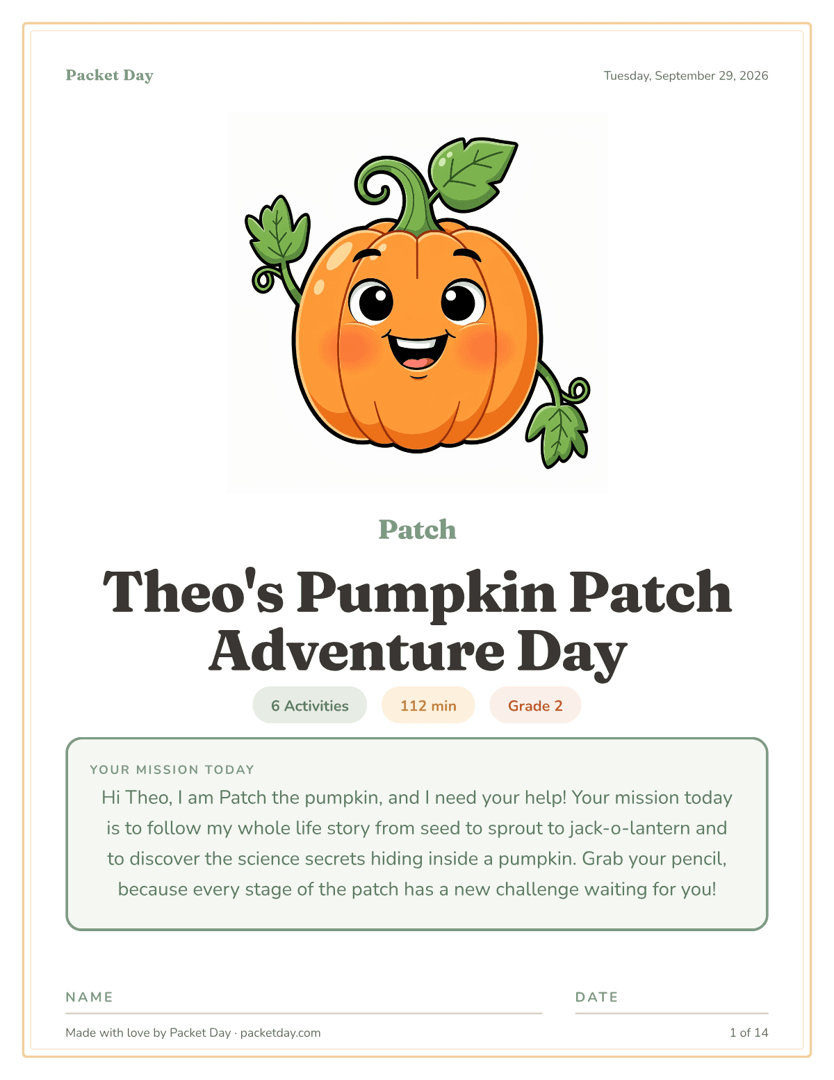 Cover of Theo's Pumpkin Patch Adventure Day: Patch the pumpkin with a curly vine, chips for 6 activities, 112 minutes and grade 2, and Patch's mission note to Theo.