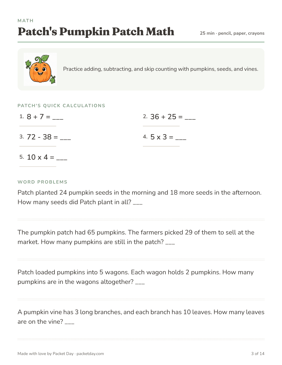 Math page, Patch's Pumpkin Patch Math: five quick calculations such as 36 + 25 and 5 x 3, and word problems about planting seeds, picking pumpkins and wagons.