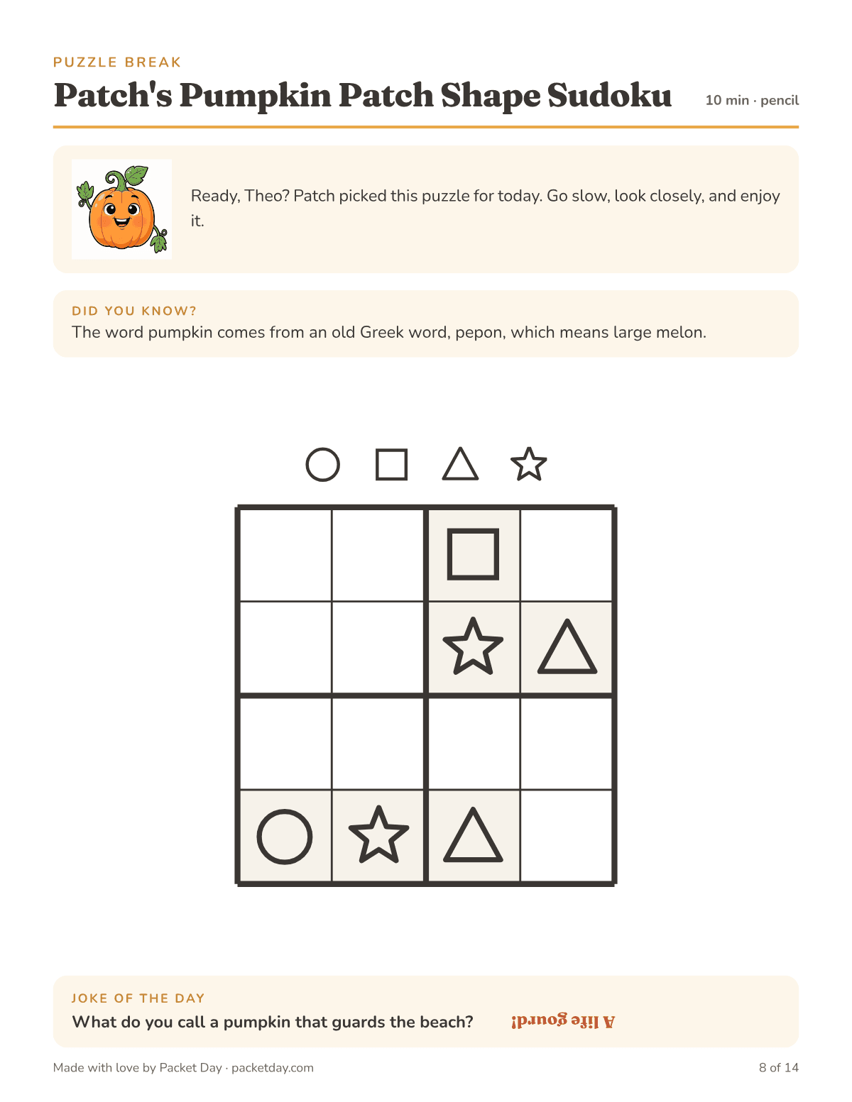 Puzzle page, Patch's Pumpkin Patch Shape Sudoku: a 4 by 4 grid where every row, column and box gets one circle, square, triangle and star, a fact about the word pumpkin, and a joke of the day about a pumpkin that guards the beach.