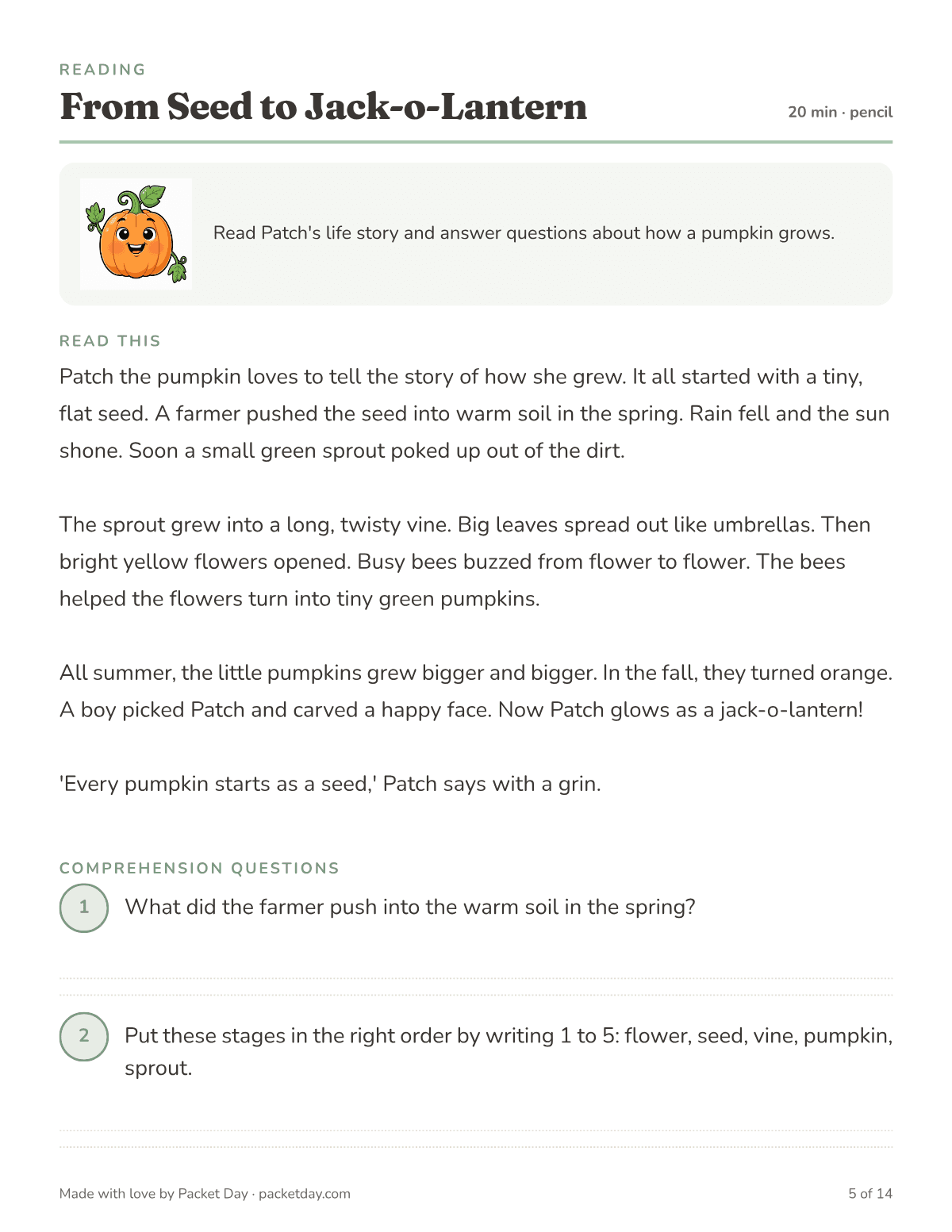 Reading page, From Seed to Jack-o-Lantern: Patch tells how she grew from a flat seed to a vine, a flower and a pumpkin, followed by comprehension questions.
