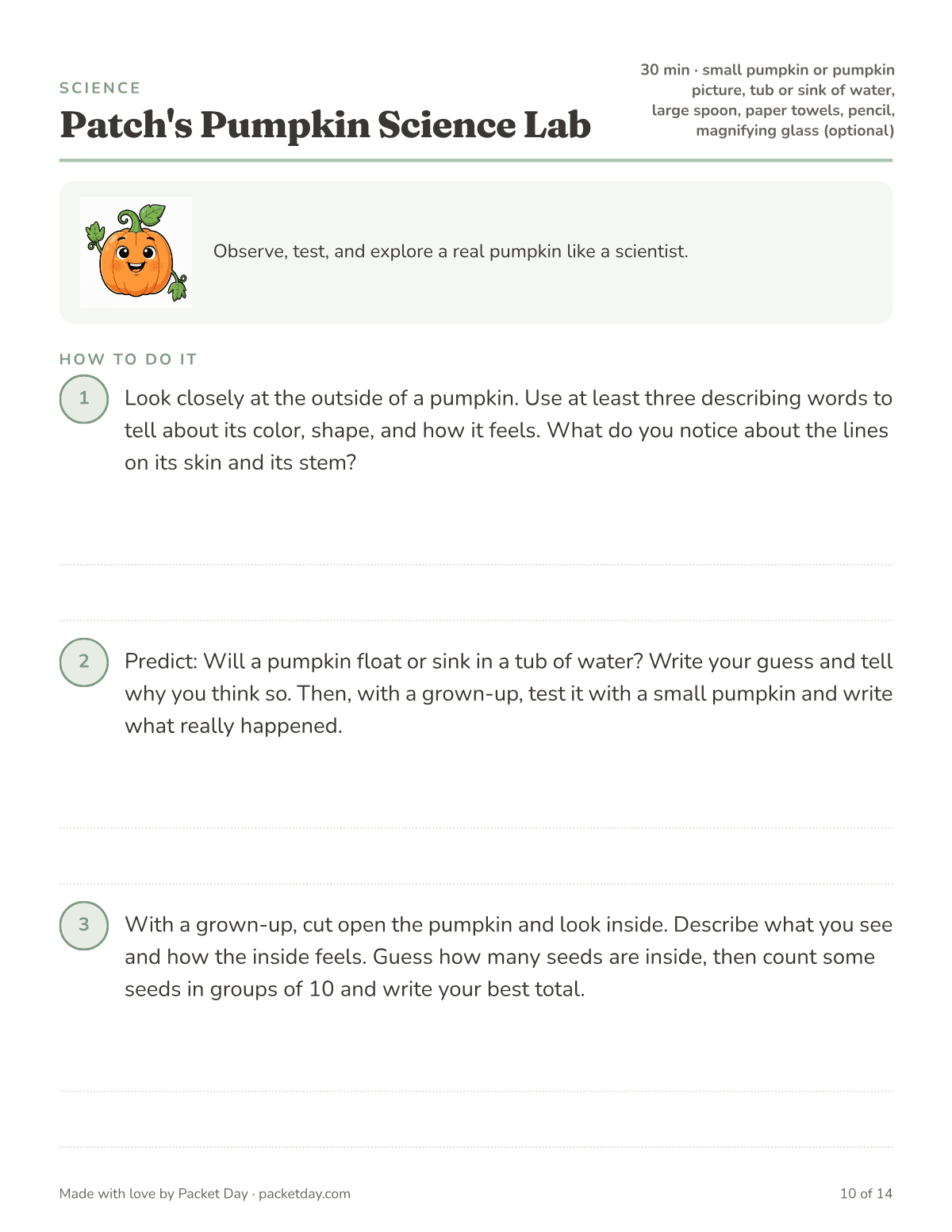 Science page, Patch's Pumpkin Science Lab: describe the outside of a pumpkin, predict whether it floats or sinks and test it, then look inside and count seeds in tens.