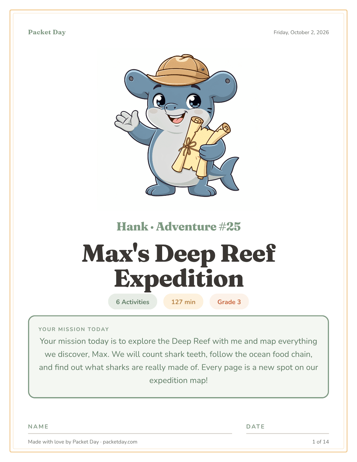 Cover of Max's Deep Reef Expedition: Hank the gray hammerhead shark in an explorer's hat, waving and holding rolled maps, chips for 6 activities, 127 minutes and grade 3, and Hank's mission note about mapping the reef.
