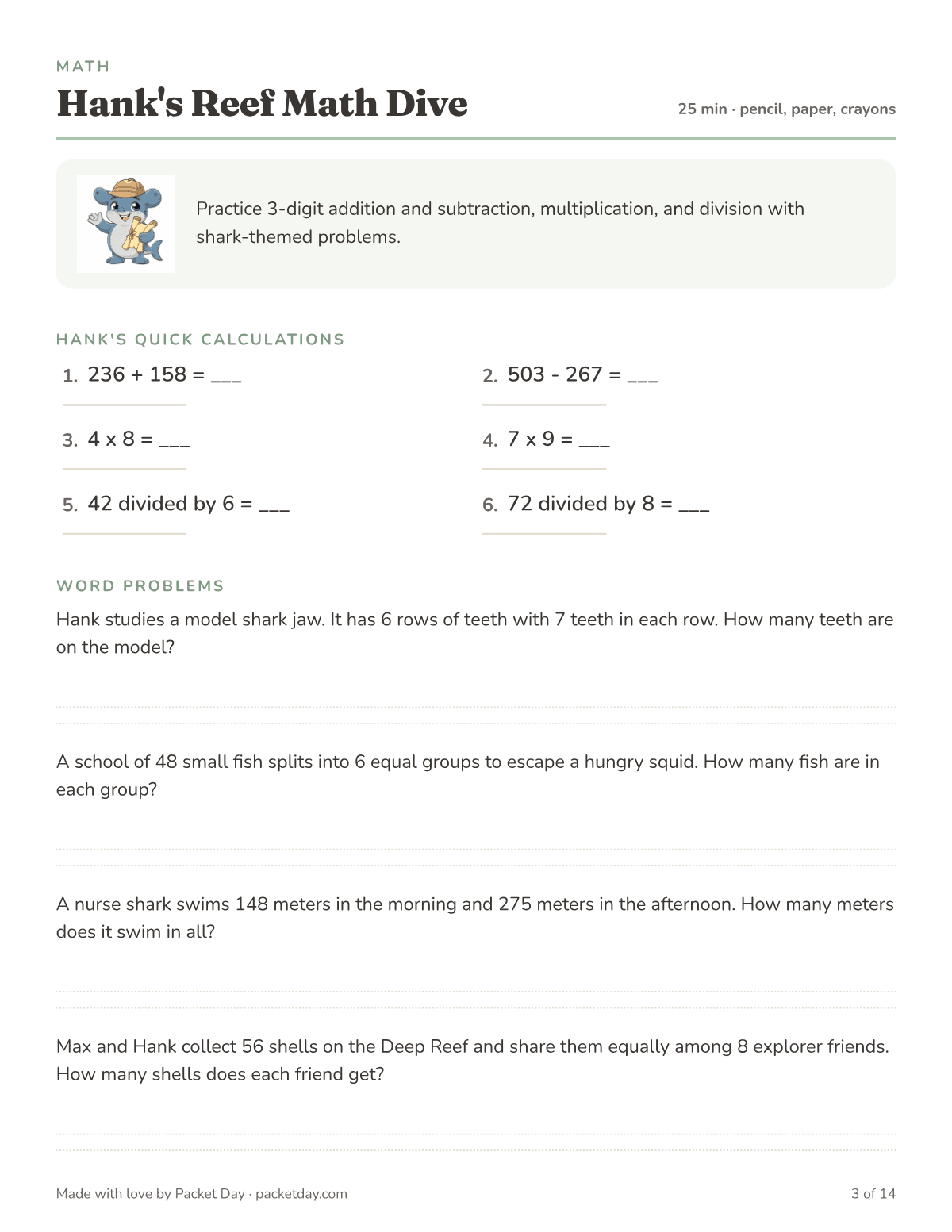 Math page, Hank's Reef Math Dive: six quick problems like 236 + 158 and 72 divided by 8, then word problems about 6 rows of shark teeth, a school of 48 fish, a nurse shark's swim and sharing 56 shells.