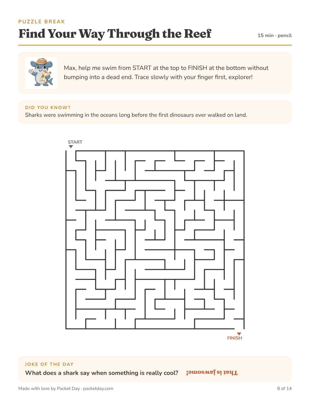 Puzzle page, Find Your Way Through the Reef: a square maze from START at the top left to FINISH at the bottom right, a Did You Know that sharks lived long before the first dinosaurs, and a jawsome joke.