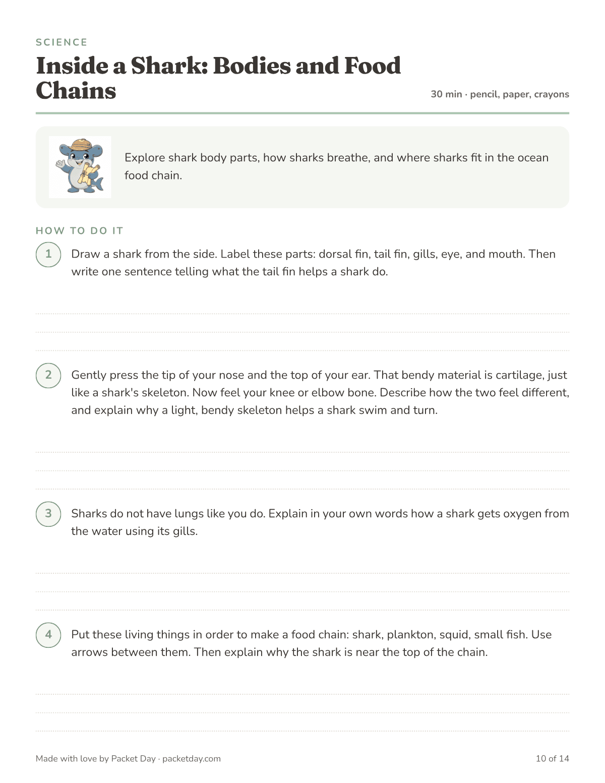 Science page, Inside a Shark: Bodies and Food Chains: label a shark drawing, press your nose and ear to feel cartilage, explain how gills take oxygen from water, and order a food chain from plankton to shark.