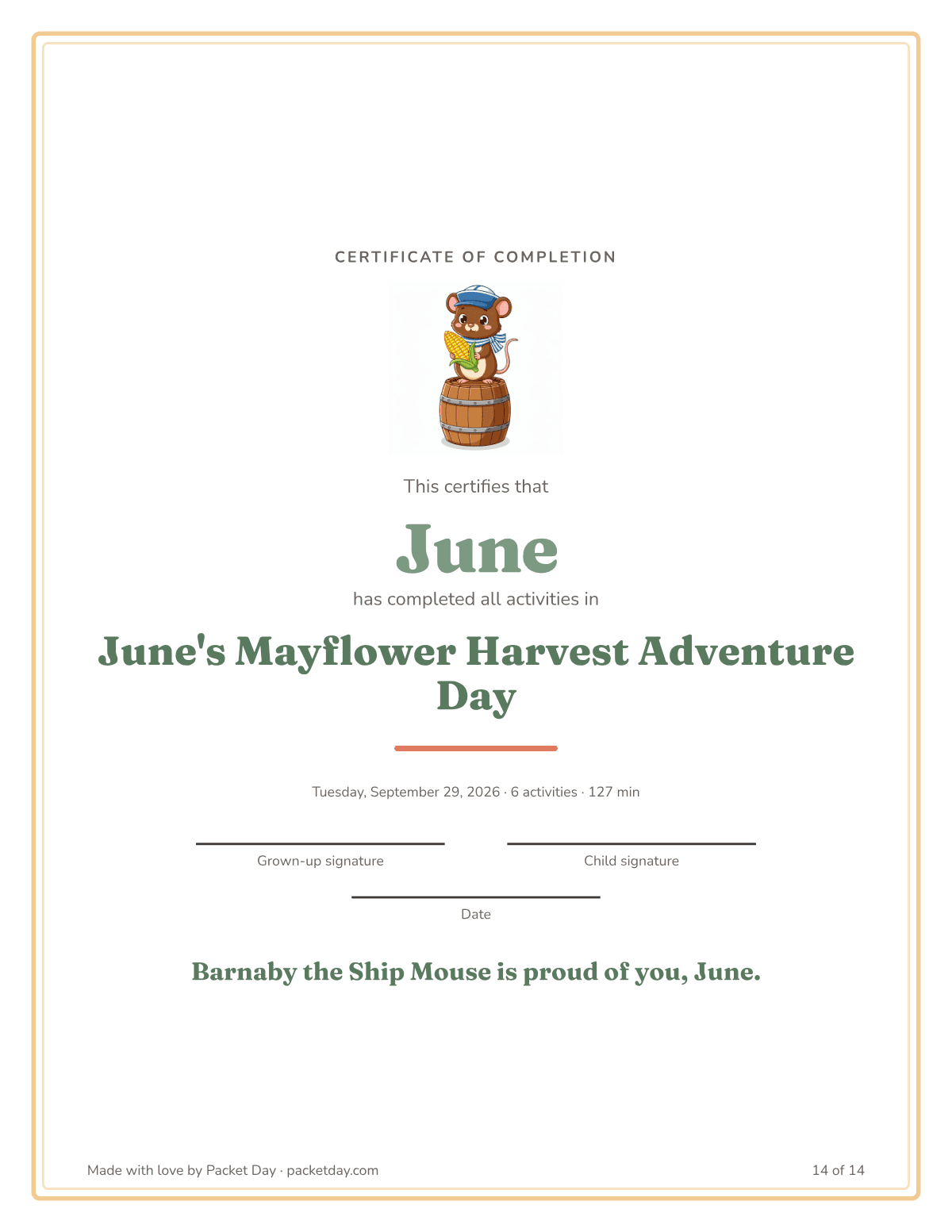 Certificate of completion for June's Mayflower Harvest Adventure Day with Barnaby at the top and signature lines for a grown up and the child.