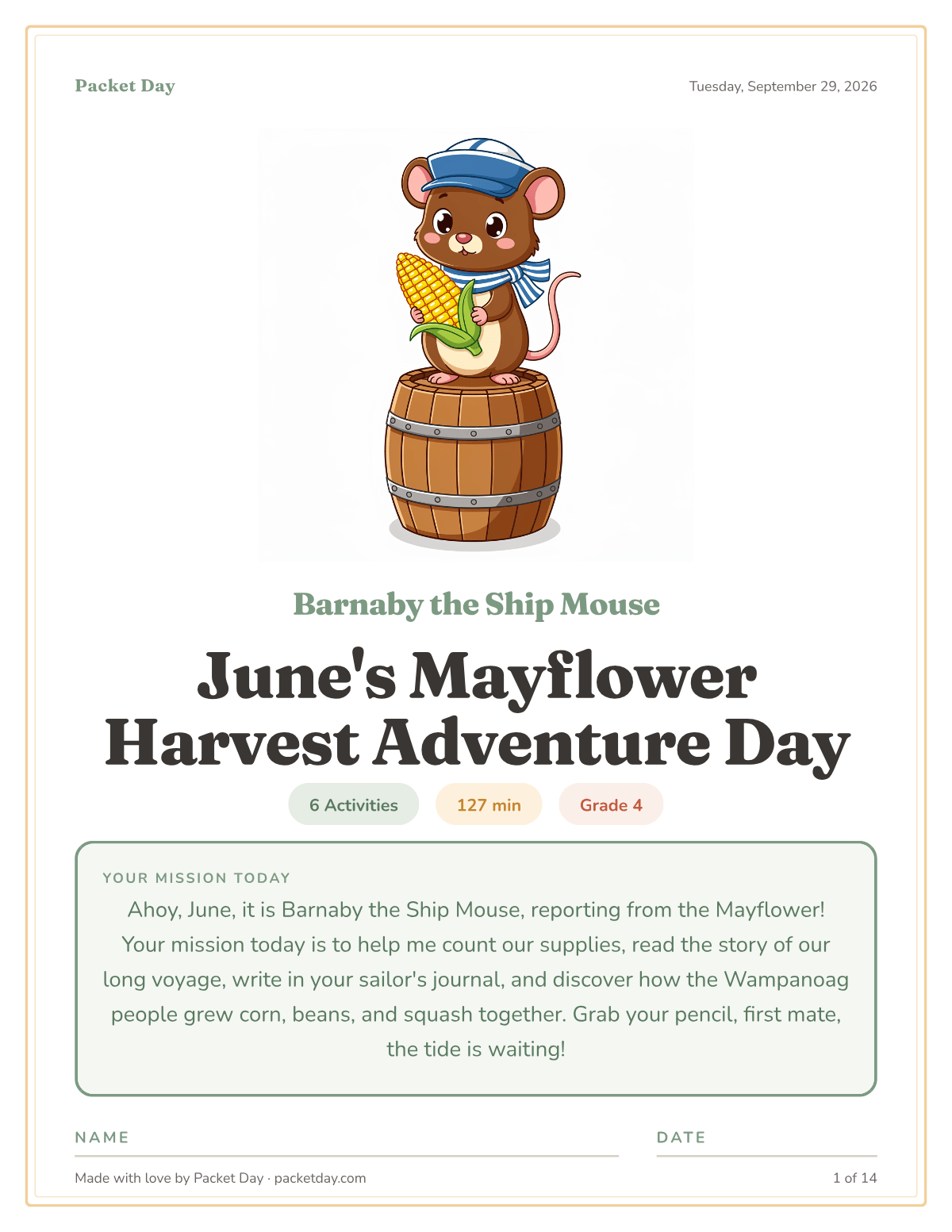 Cover of June's Mayflower Harvest Adventure Day: Barnaby the Ship Mouse on a barrel holding an ear of corn, chips for 6 activities, 127 minutes and grade 4, and Barnaby's mission note.