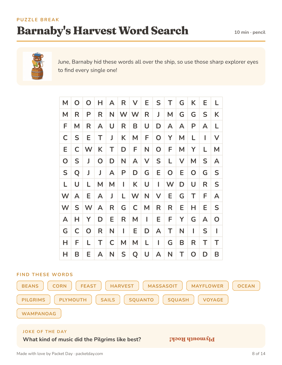 Puzzle page, Barnaby's Harvest Word Search: a 14 by 14 grid hiding 14 words such as Mayflower, Wampanoag, Massasoit, Squanto and Plymouth, and a Pilgrim joke of the day.