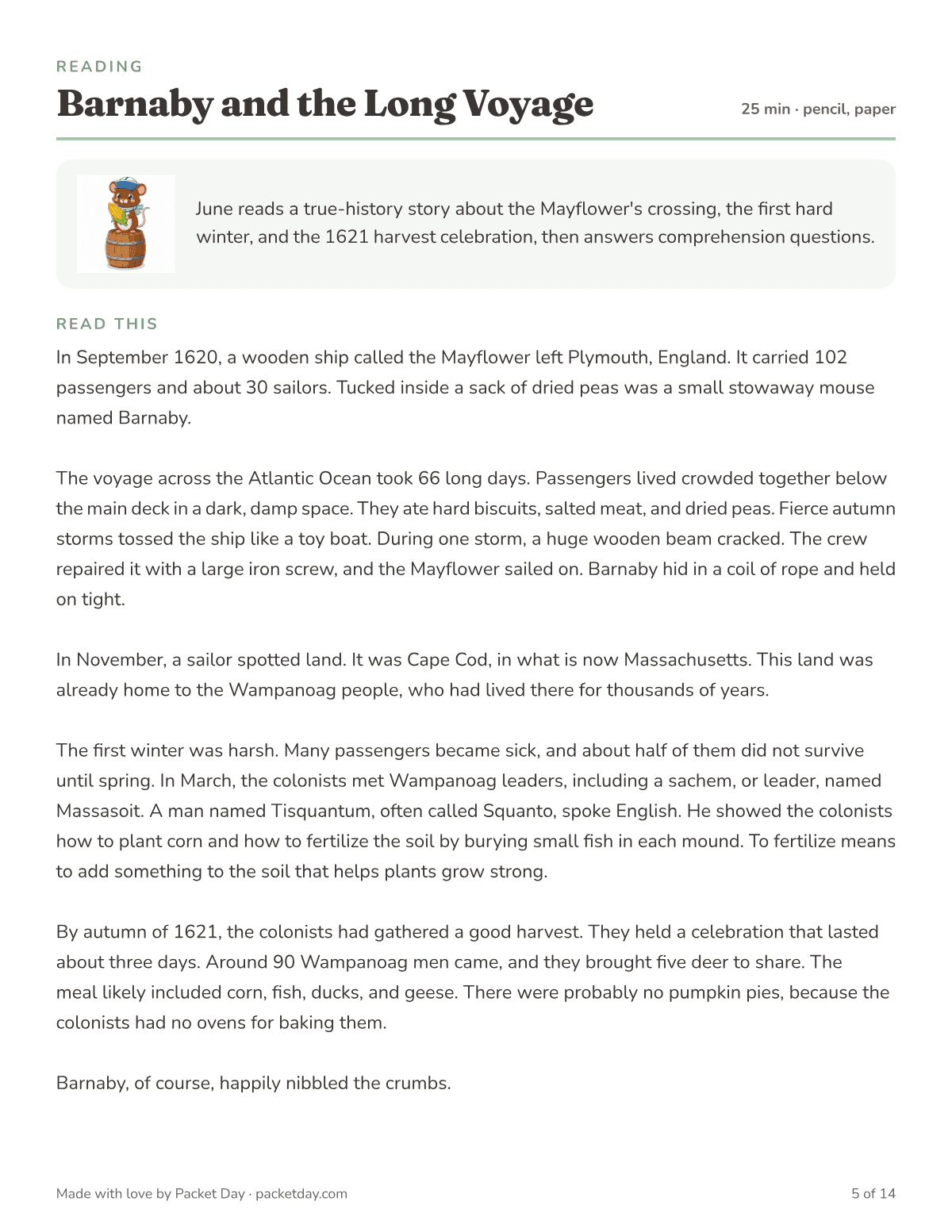 Reading page, Barnaby and the Long Voyage: a true history passage about the Mayflower crossing in 1620, the first winter, Massasoit, Tisquantum and the 1621 harvest celebration.