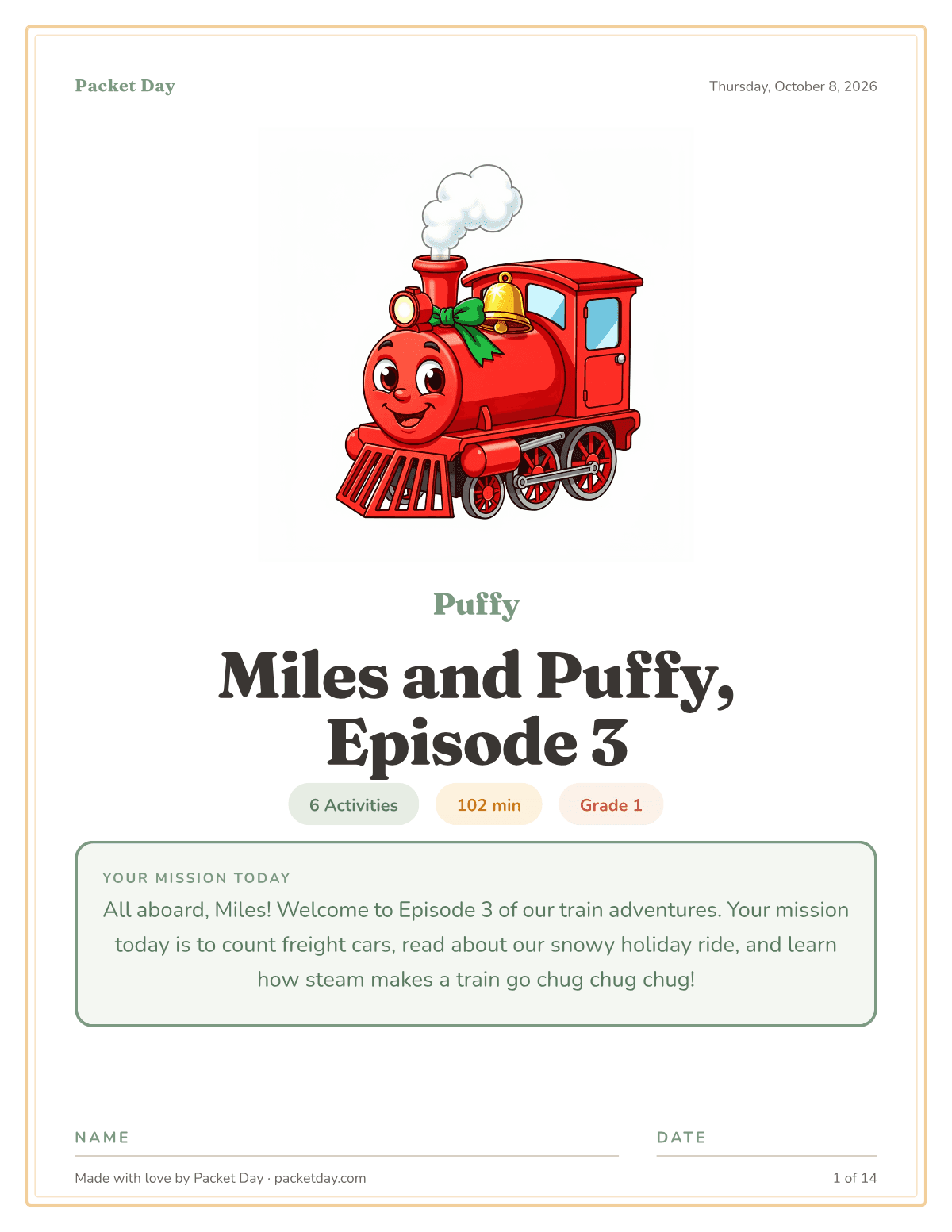 Cover of Miles's train packet: Puffy the red steam engine with a gold bell and a green bow puffing a cloud of steam, chips for 6 activities, 102 minutes and grade 1, and Puffy's all aboard mission note.
