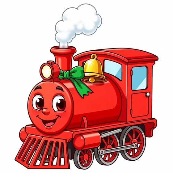 Puffy the steam engine, a smiling red train with a gold bell and a green holiday bow, puffing a cloud of steam.