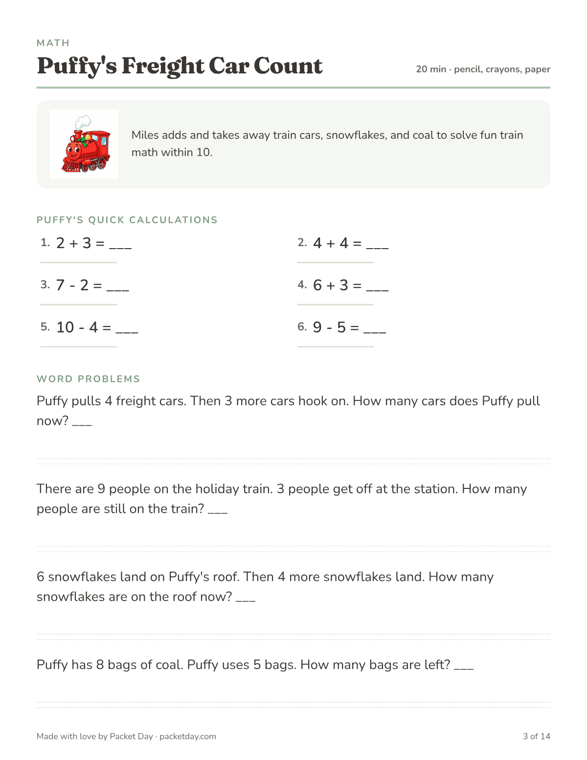 Math page, Puffy's Freight Car Count: six quick problems within 10 like 4 + 4 and 10 minus 4, then word problems about freight cars, holiday riders, snowflakes and bags of coal.