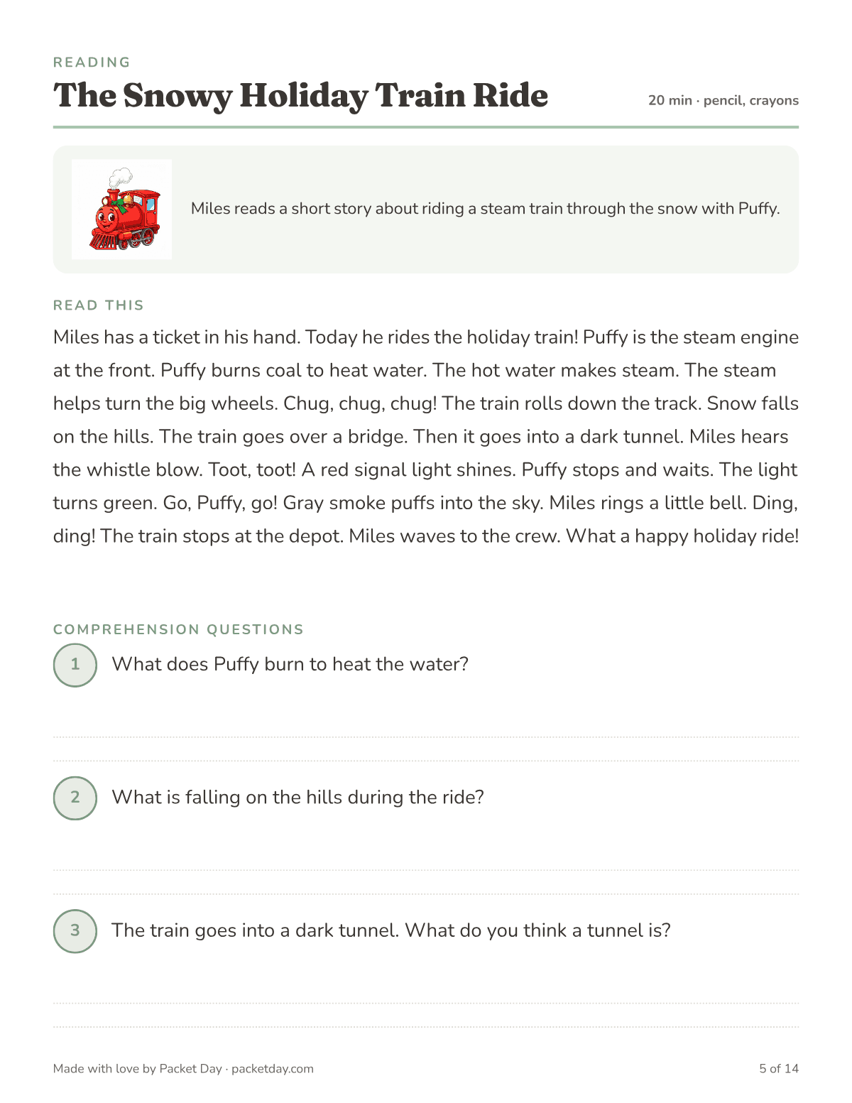 Reading page, The Snowy Holiday Train Ride: a short story about riding behind Puffy over a bridge, through a tunnel and past a red signal, then three comprehension questions.